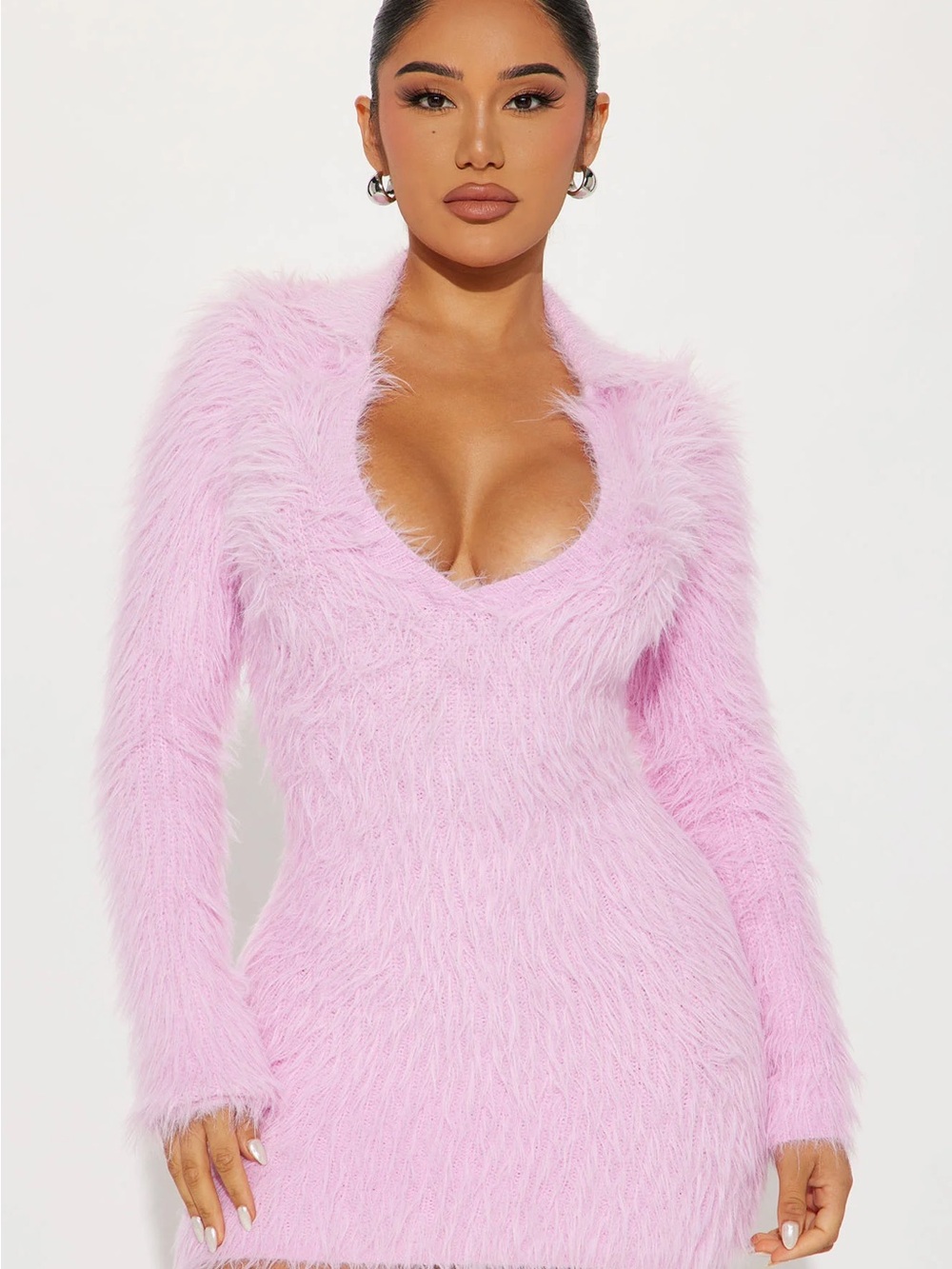Fuzzy Pink V-Neck Bodycon Dress